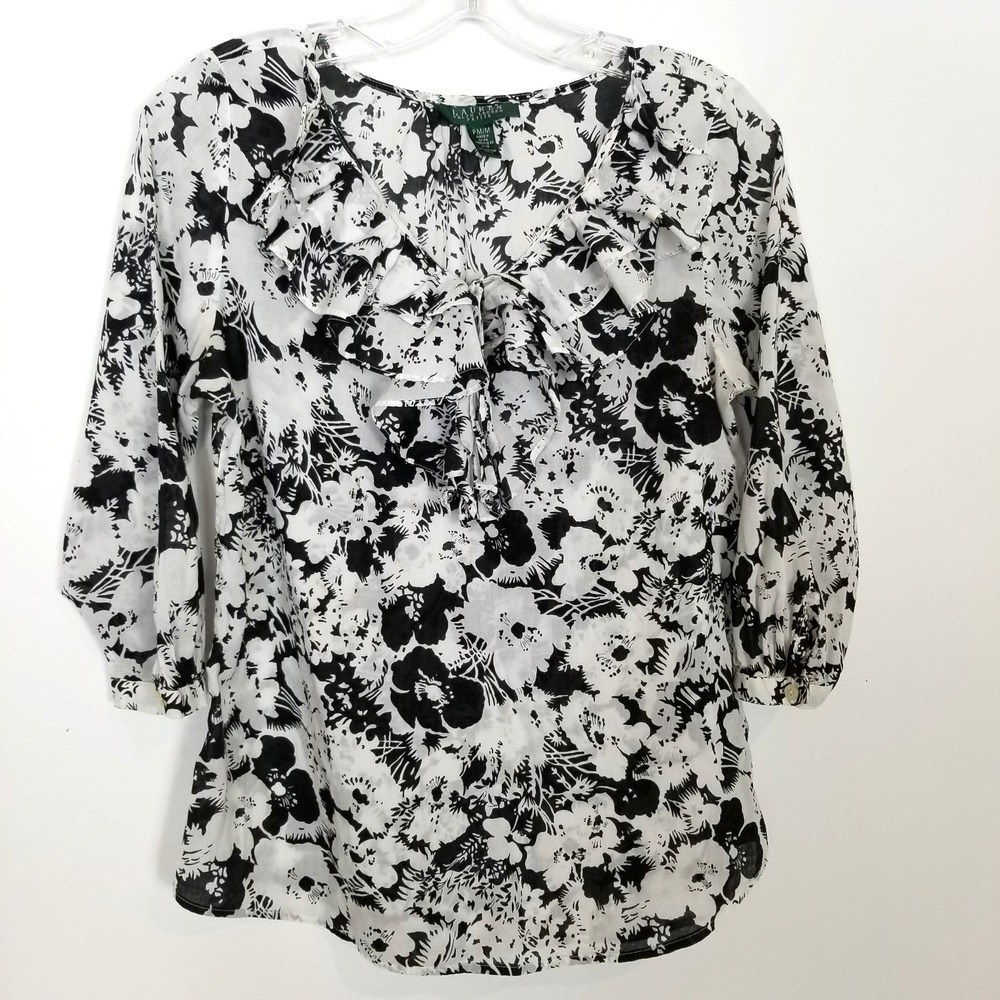 Lauren Ralph Lauren Women's  Shirt‎ Blouse Top Sz M P Floral Black White Boho